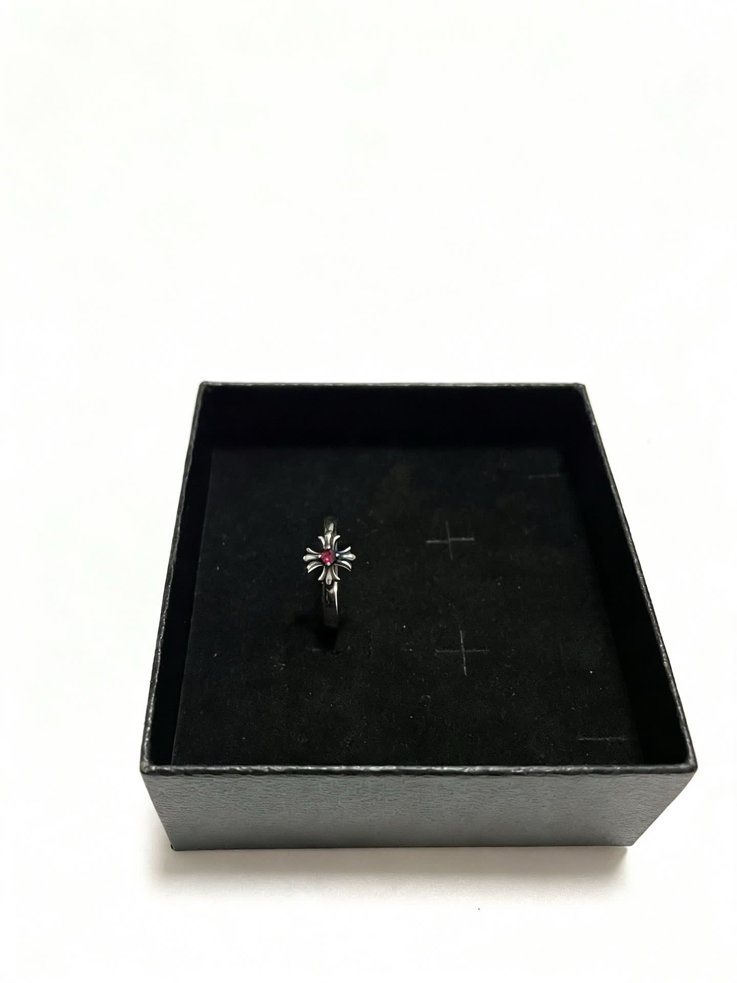 Chrome Hearts Silver Flower Ring with Red Gemstone